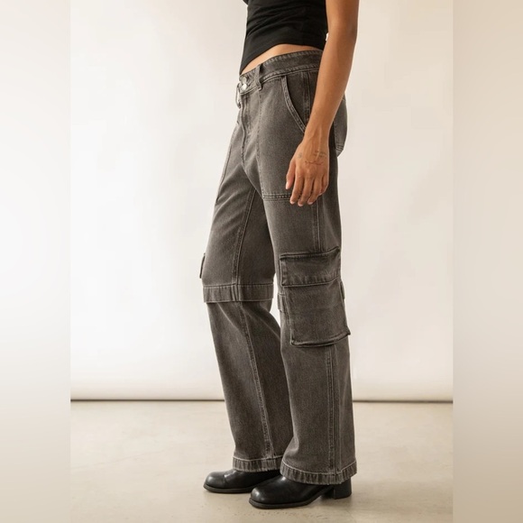 Oak + Fort Black Washed Cargo Jeans Baggy Loose Relaxed Sz 26 - Picture 2 of 12